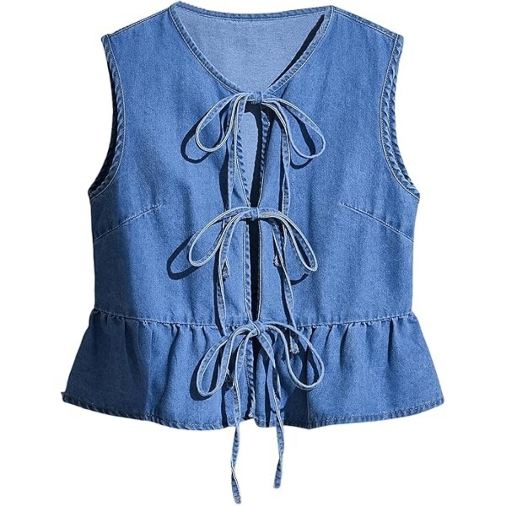 Tie-Front Sleeveless Denim Peplum Top - Blue